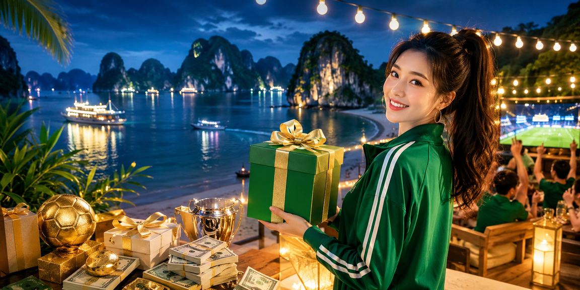 Người chơi tại vịnh Hạ Long kiểm tra bonus cashback qua ứng dụng 88vv1 trên bãi biển