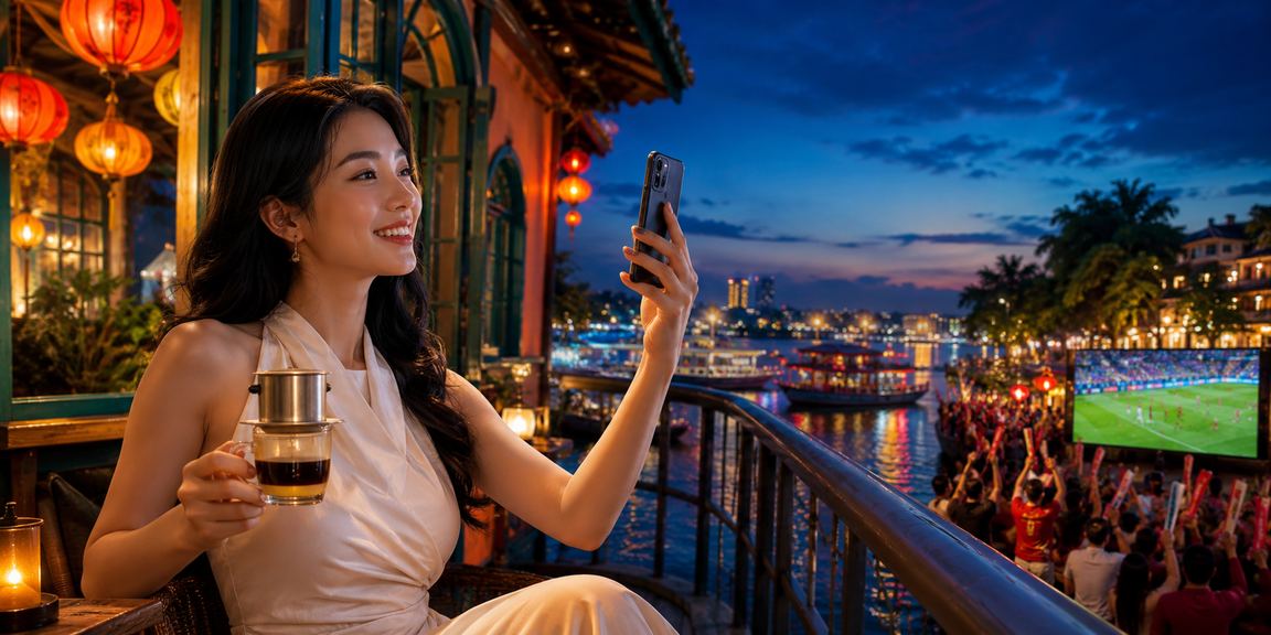 Người dùng tại Hà Nội đặt kèo casino và thể thao trên điện thoại bên ly cà phê